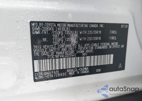 2020 Toyota Rav4 Xle Premium from USA, damaged, VIN 2T3C1RFV4LC077442